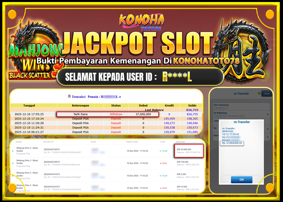 KONOHATOTO78 JACKPOT MAHJONG WINS 3 BLACK SCATTERRp.37.000.000,- LUNAS